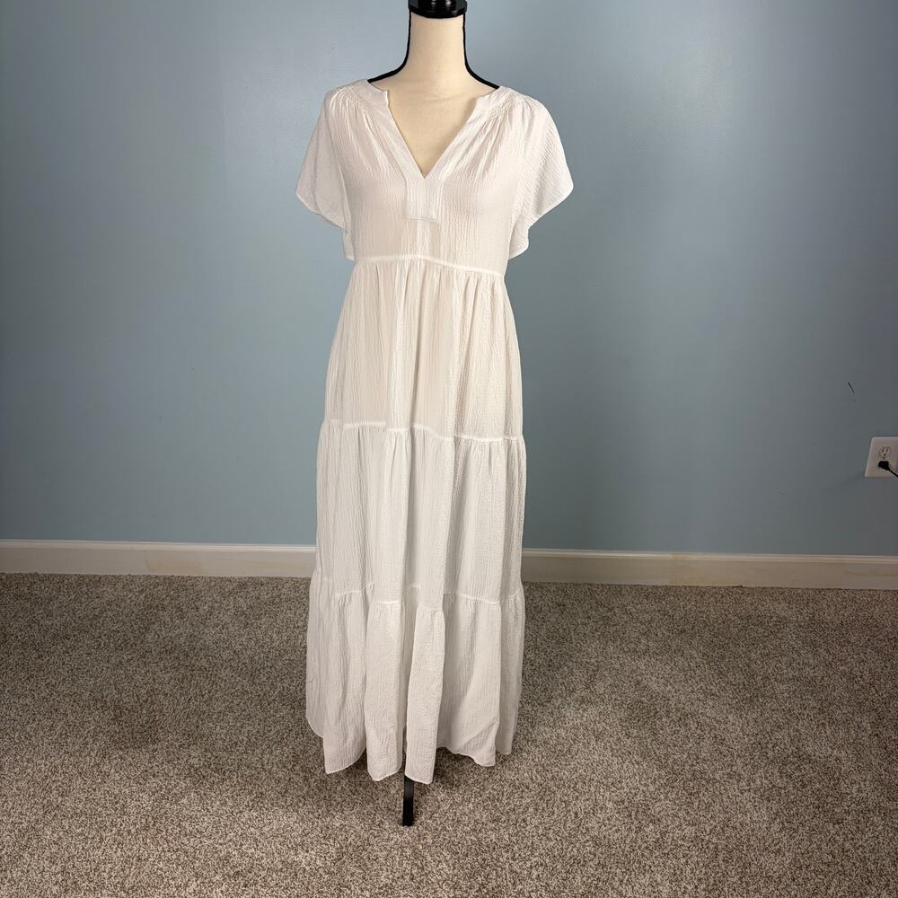Coastal Maxi Dress Tiered v neck flutter sleeves crinkle fabric clean girl Sz 10
